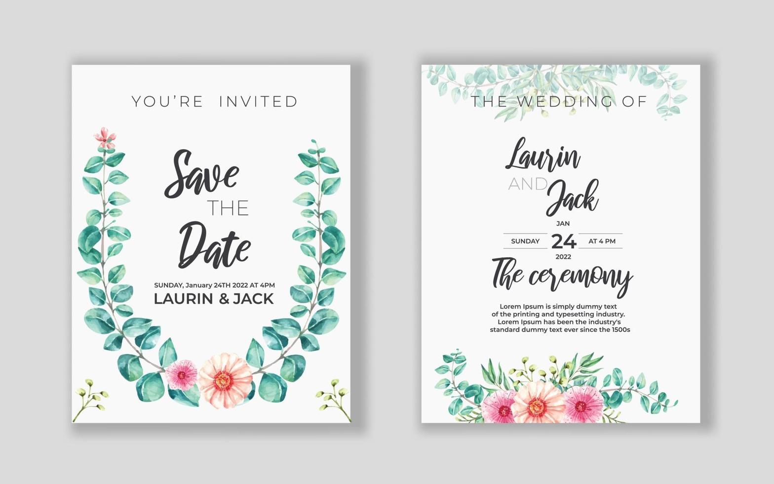 tarjeta de invitación de boda floral dorada guardar el diseño de fecha con flores rosadas vector