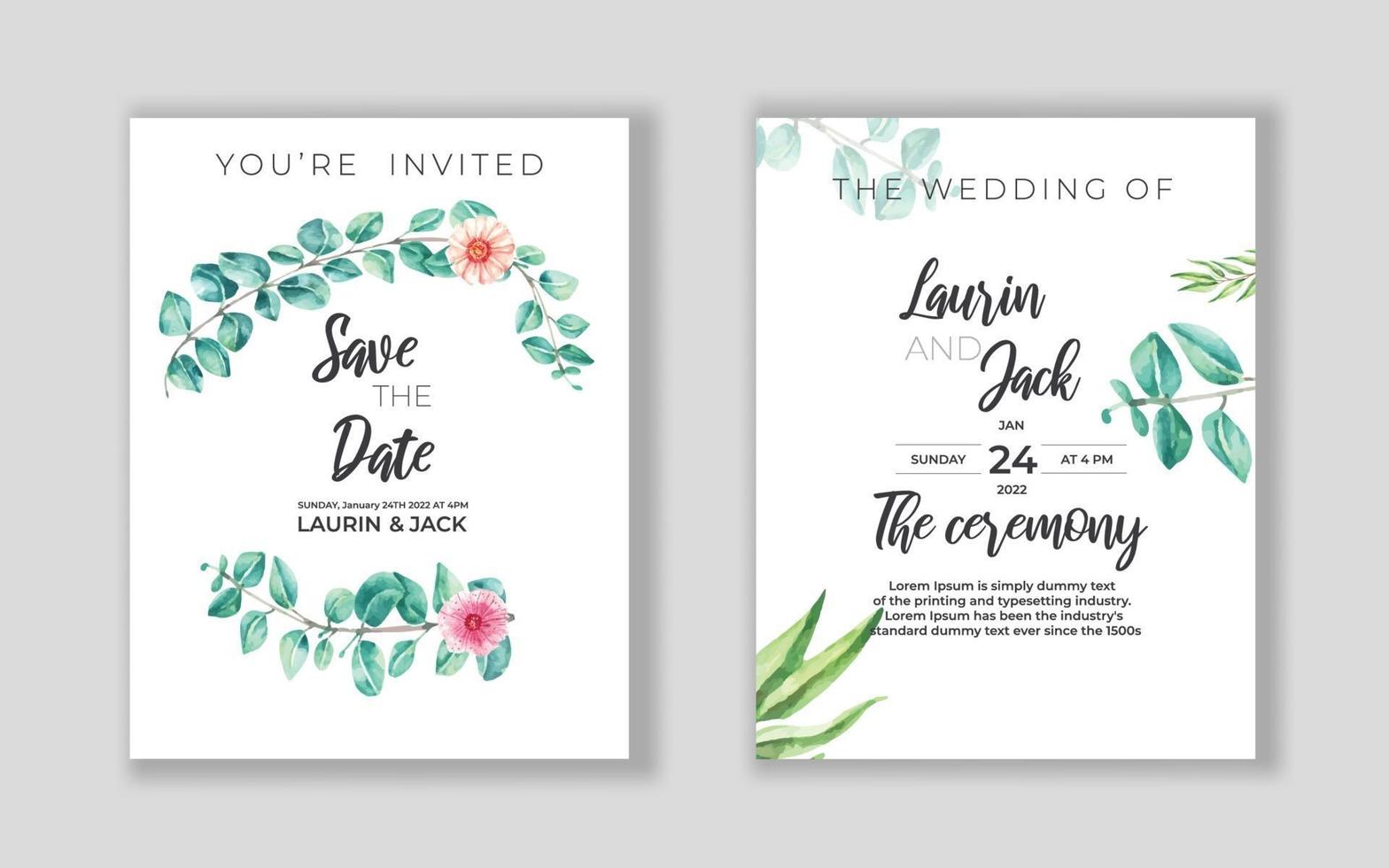 tarjeta de invitación de boda floral dorada guardar el diseño de fecha con flores rosadas vector