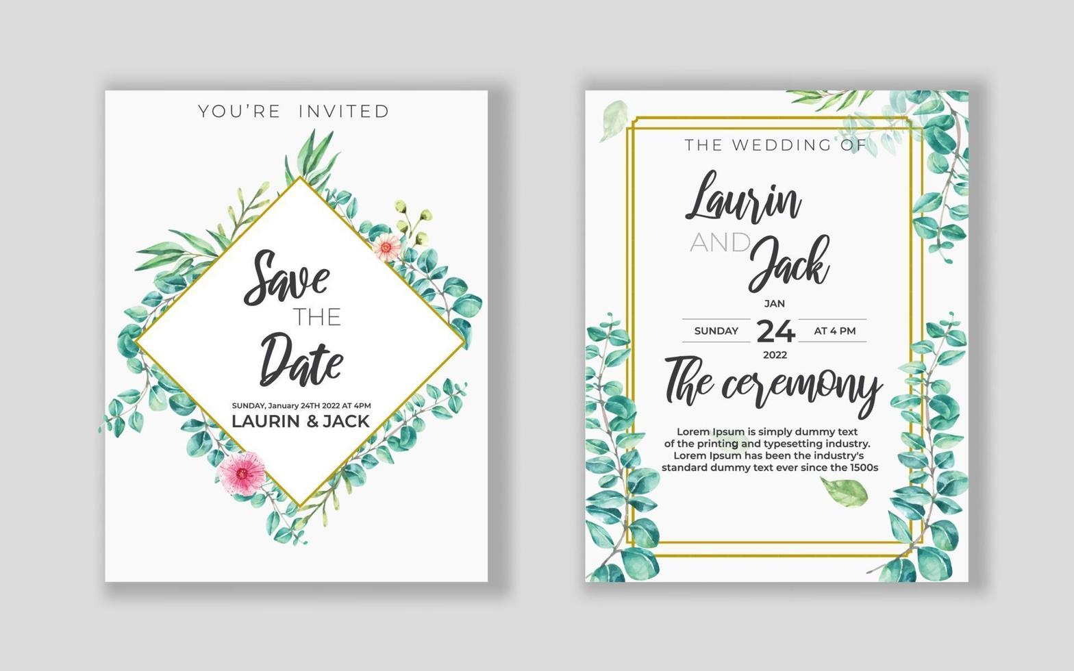 tarjeta de invitación de boda floral dorada guardar el diseño de fecha con flores rosadas vector