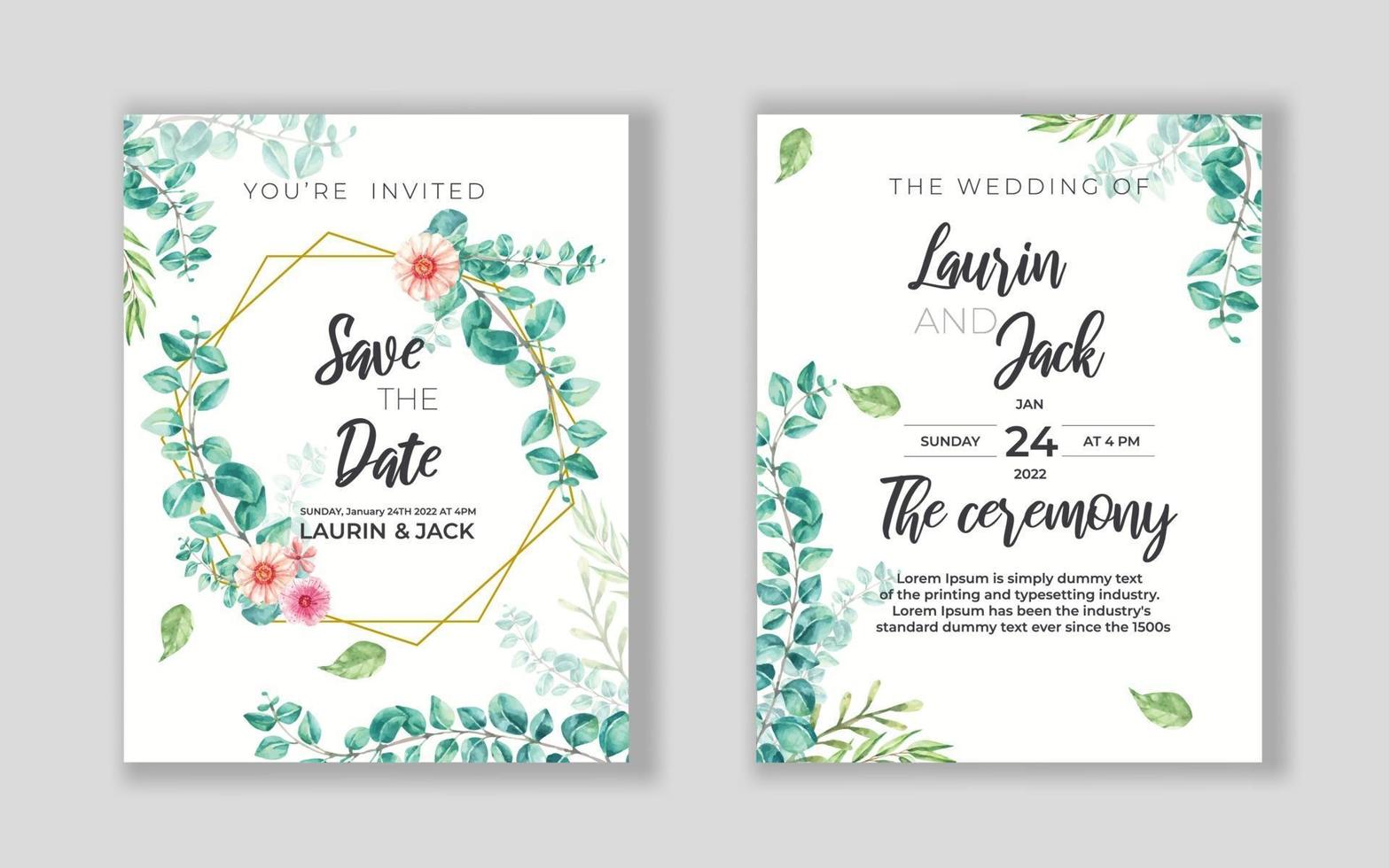 Wedding floral golden invitation card save the date design with pink flowers vector