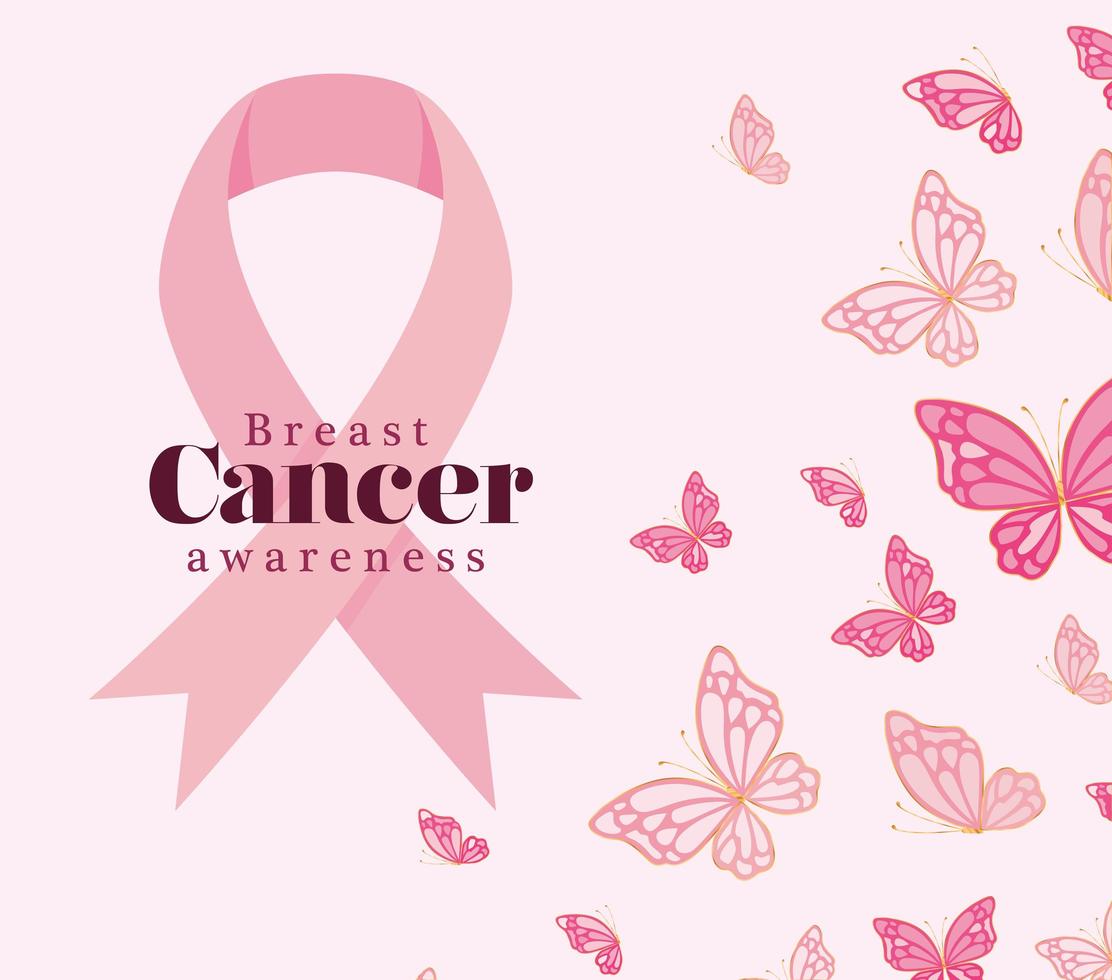 pink ribbon with butterflies for breast cancer awareness vector design