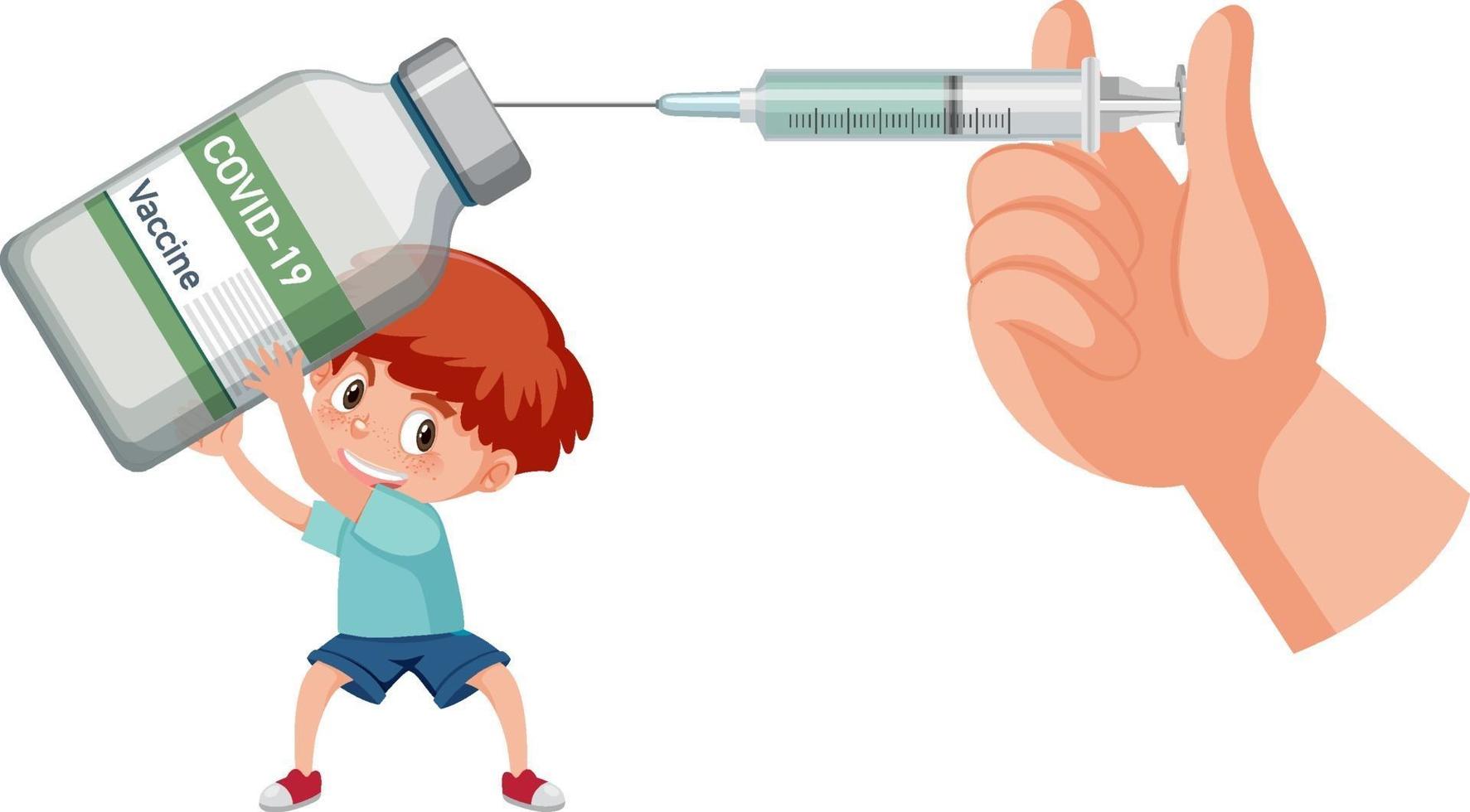 un niño sosteniendo un frasco de vacuna covid-19 con una jeringa de vacuna vector