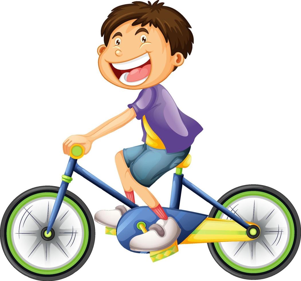 Un niño en bicicleta, personaje de dibujos animados aislado sobre fondo blanco. vector