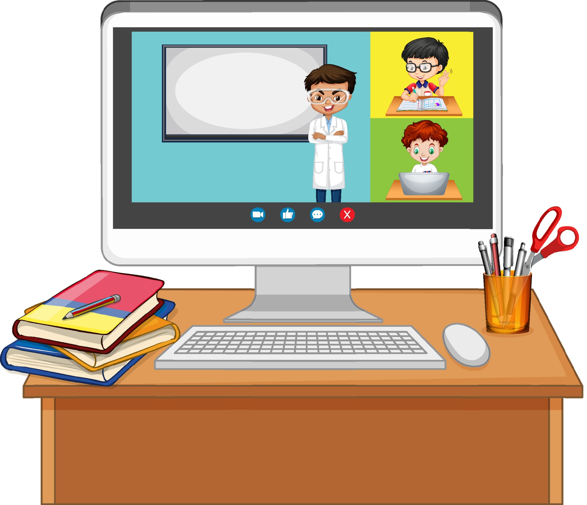 Student video chat online screen on computer screen on white background