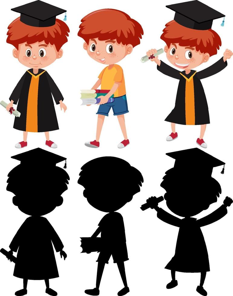 Set of a boy wearing graduation gown in different positions with its silhouette vector