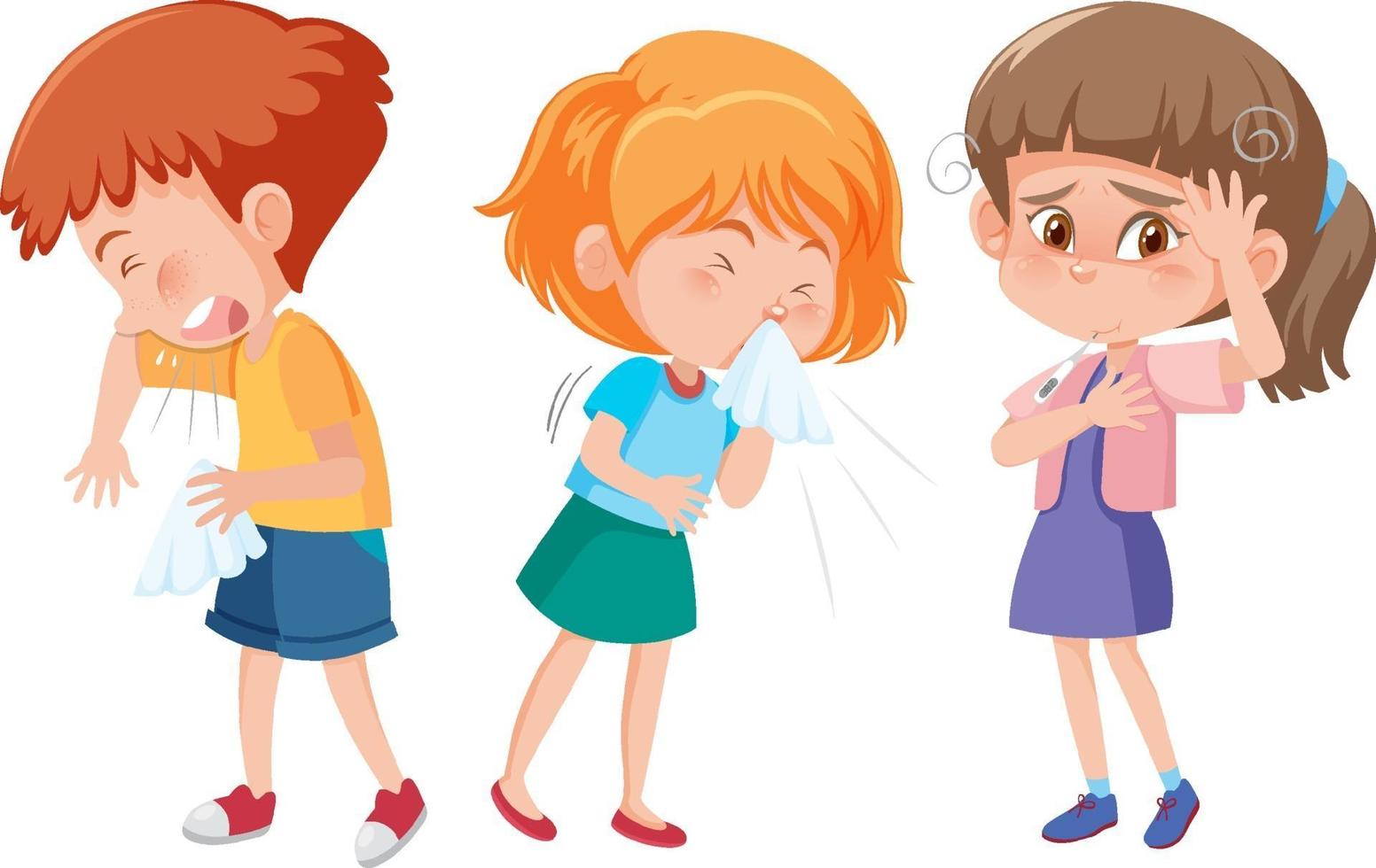 Set of different kids cartoon character have flu symptom vector