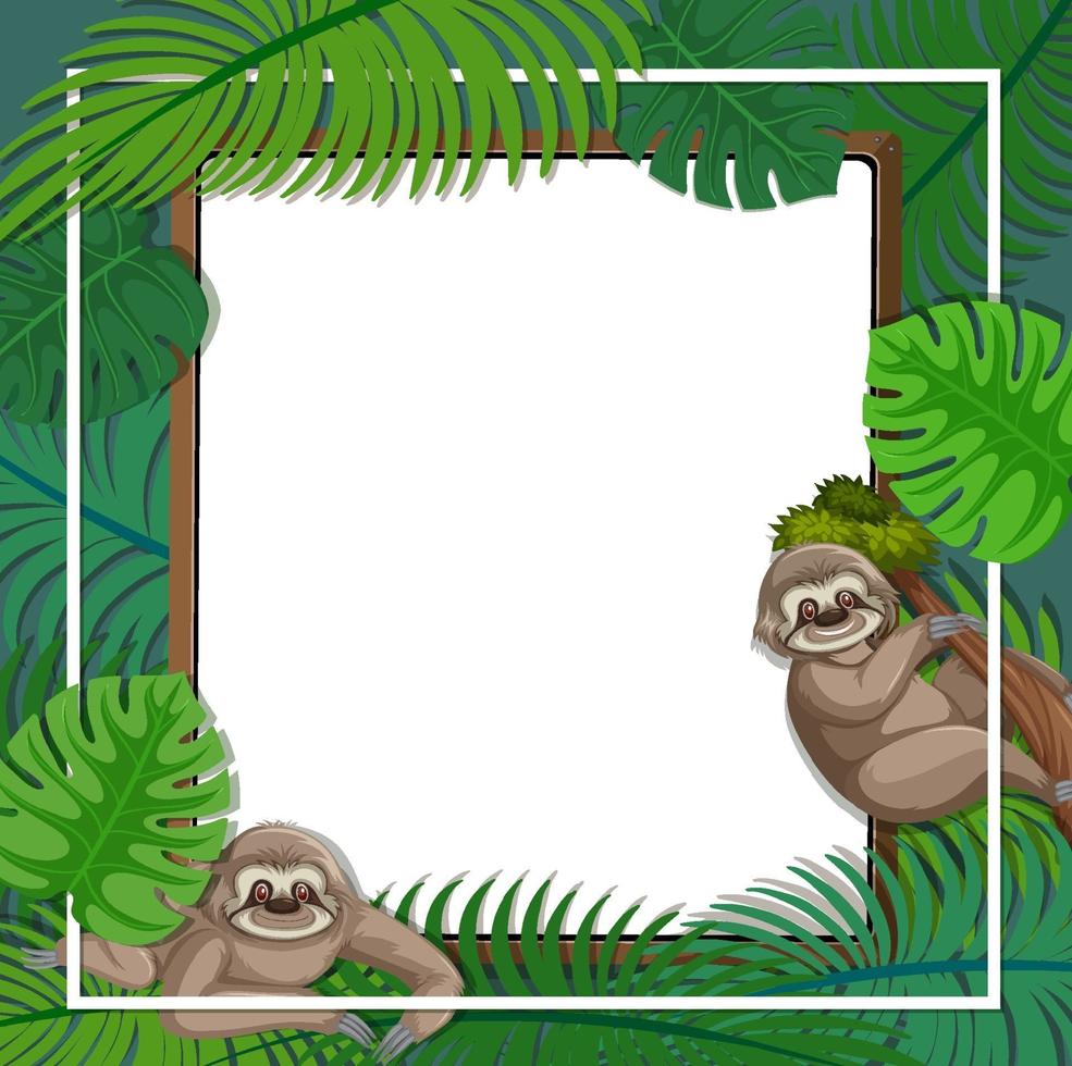 Empty banner with tropical leaves frame and sloth cartoon character vector