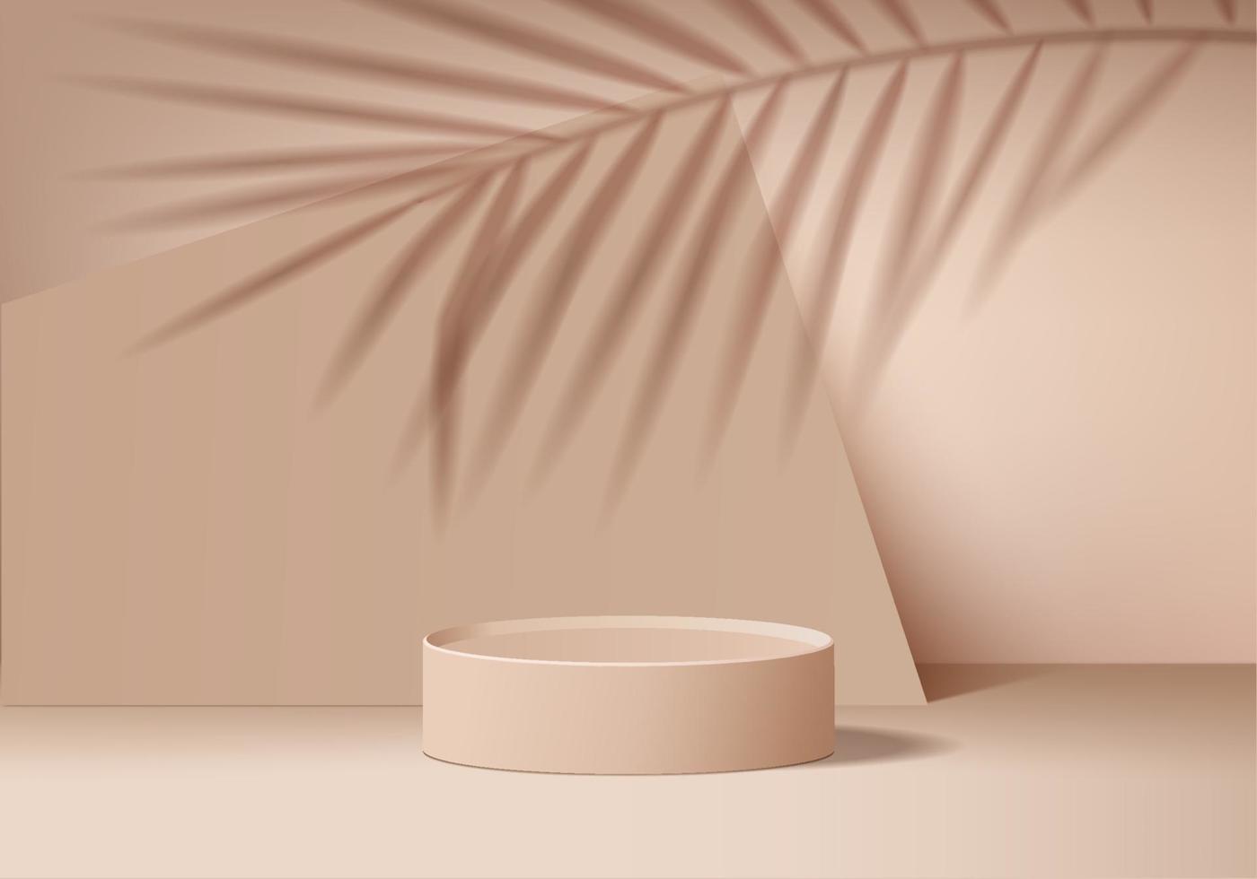 Cylinder abstract minimal scene with leaf geometric platform. Summer background vector 3d render podium. stand to show cosmetic products. Stage Showcase on pedestal modern 3d studio brown cream pastel
