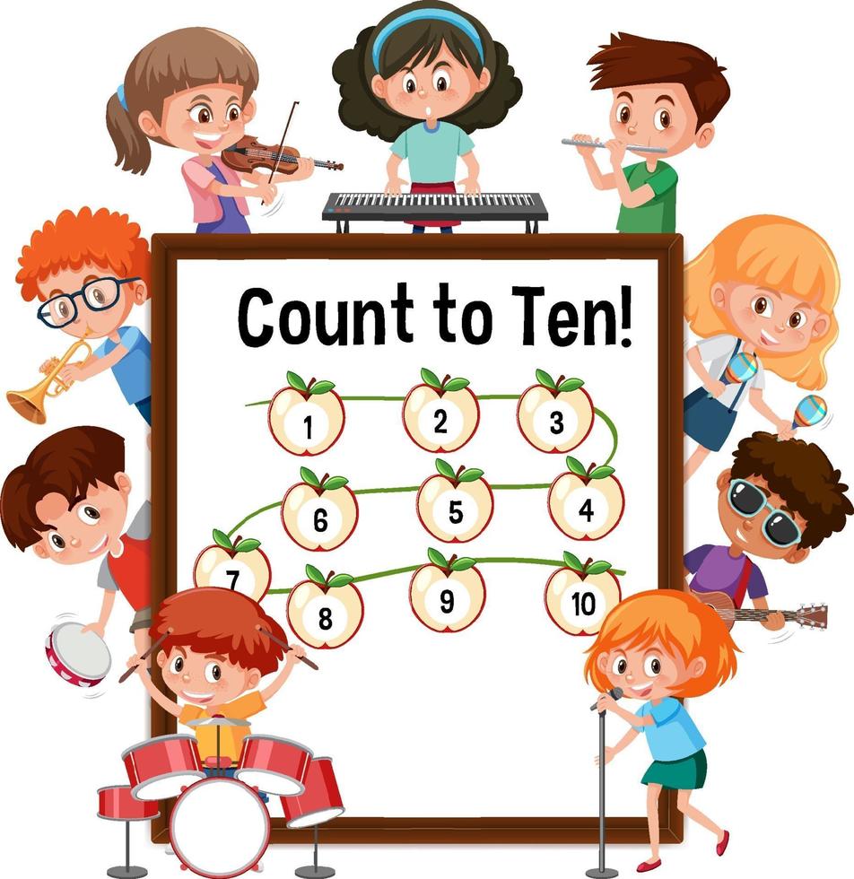 Count to ten number board with many kids cartoon character vector