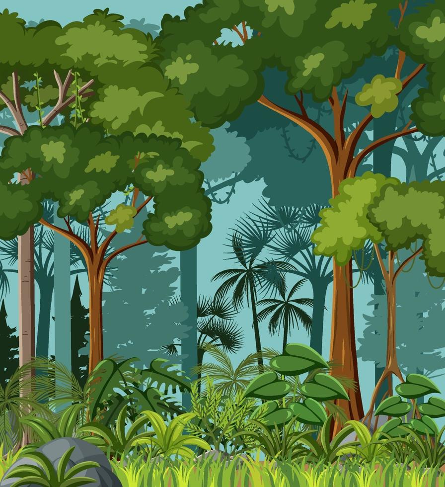 Escena de la jungla en blanco con lianas y muchos árboles. vector