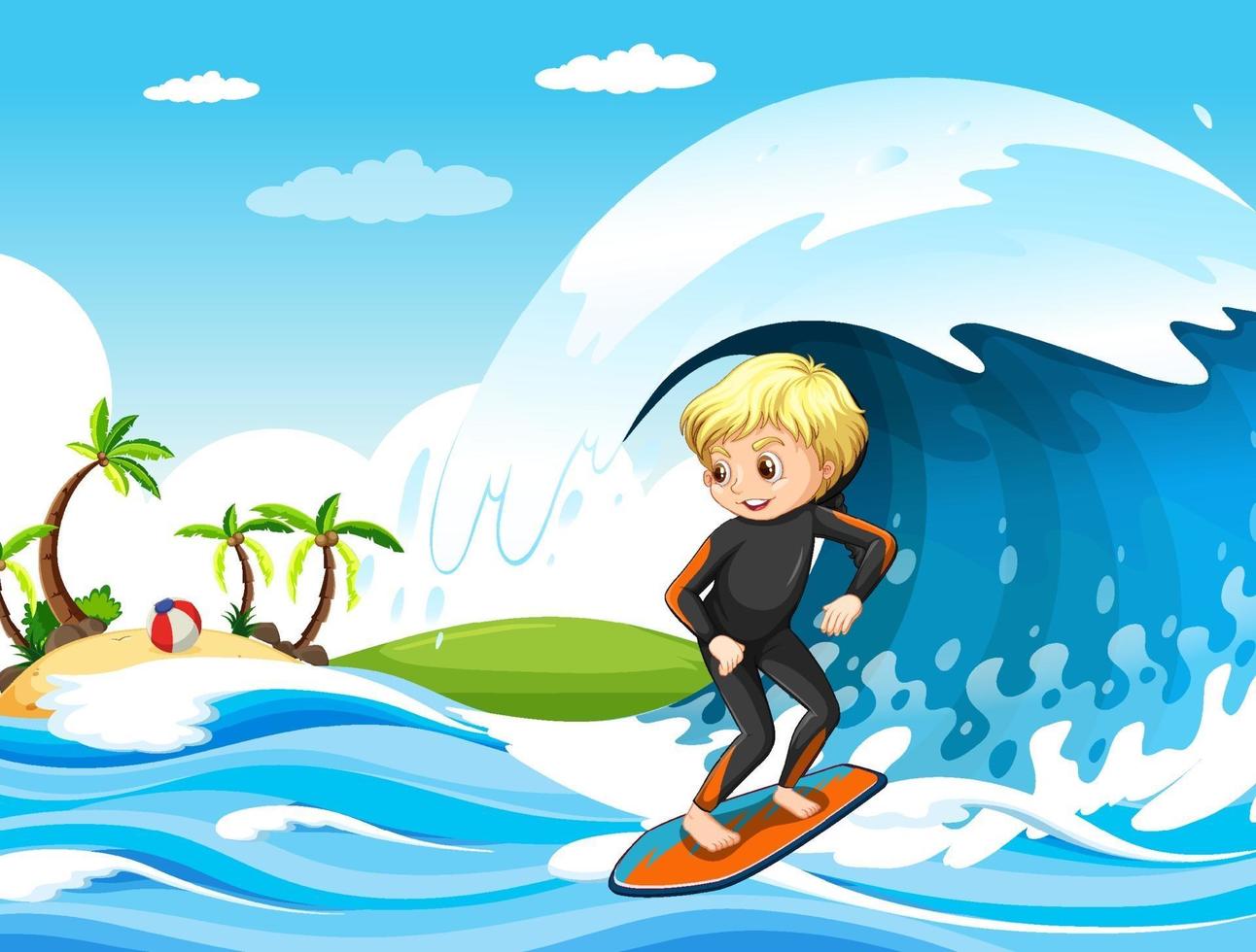 gran ola en la escena del océano con un niño de pie sobre una tabla de surf vector