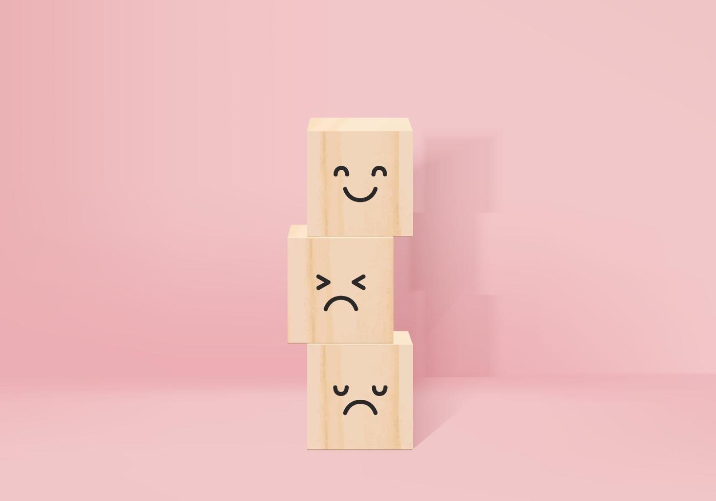 3d rendered wooden cube with different facial expressions vector