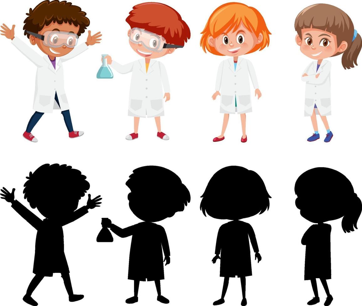 Conjunto de diferentes niños con bata blanca de laboratorio. vector