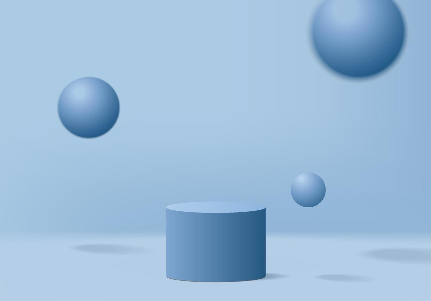 3d blue pedestal with floating orbs on blue studio background vector