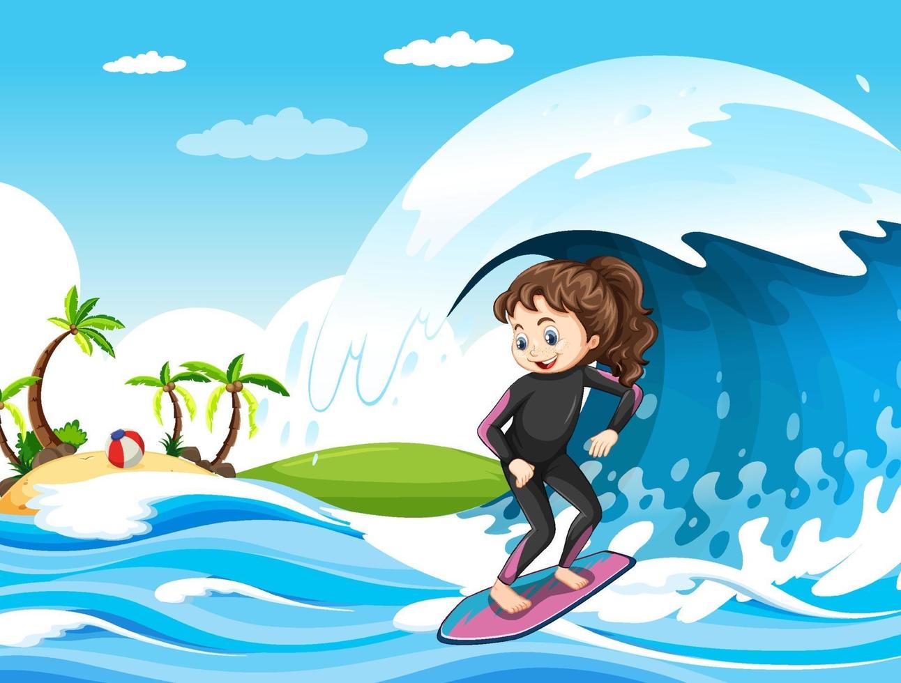 Big wave in the ocean scene with girl standing on a surf board vector