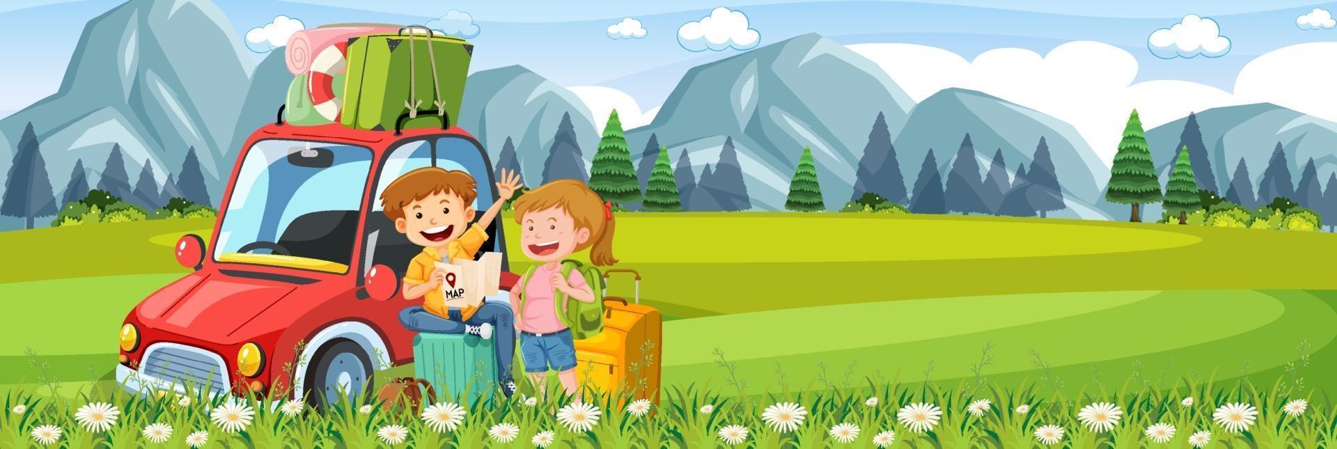 Happy young couple on roadtrip vector