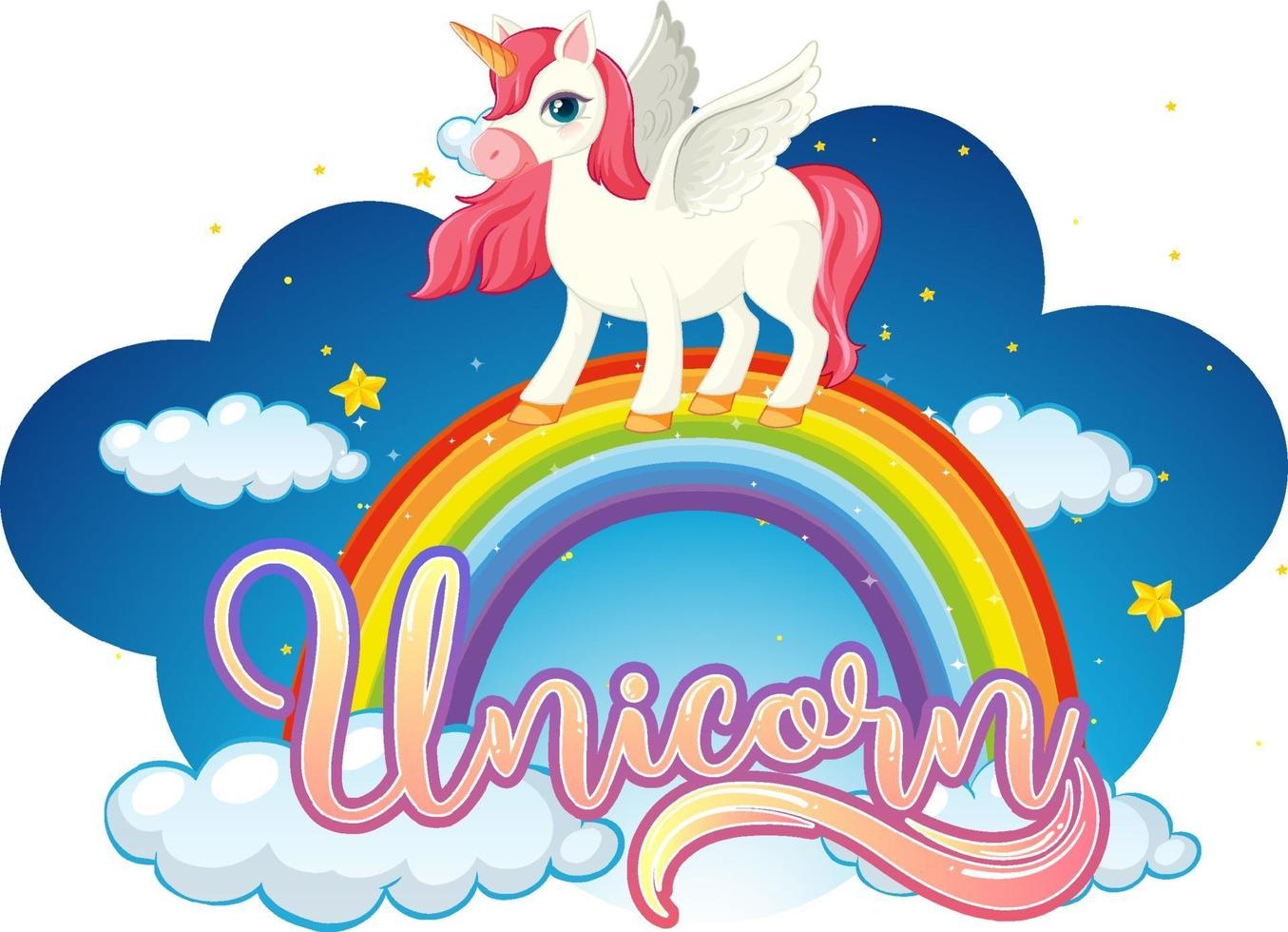 personaje de dibujos animados de unicornio de pie sobre un arco iris con fuente de unicornio vector