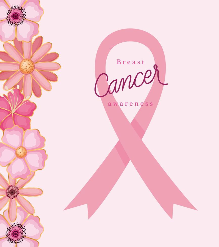 Cinta rosa con flores para el diseño de vectores de concientización sobre el cáncer de mama