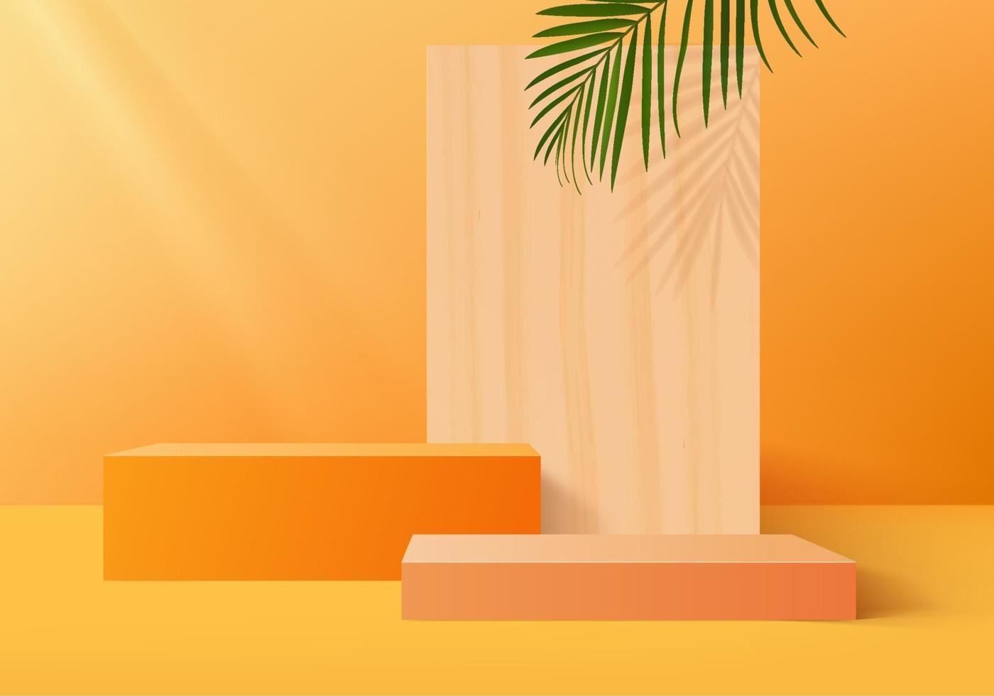 Pedestales de escenario rectangular 3d sobre fondo naranja con hojas tropicales vector