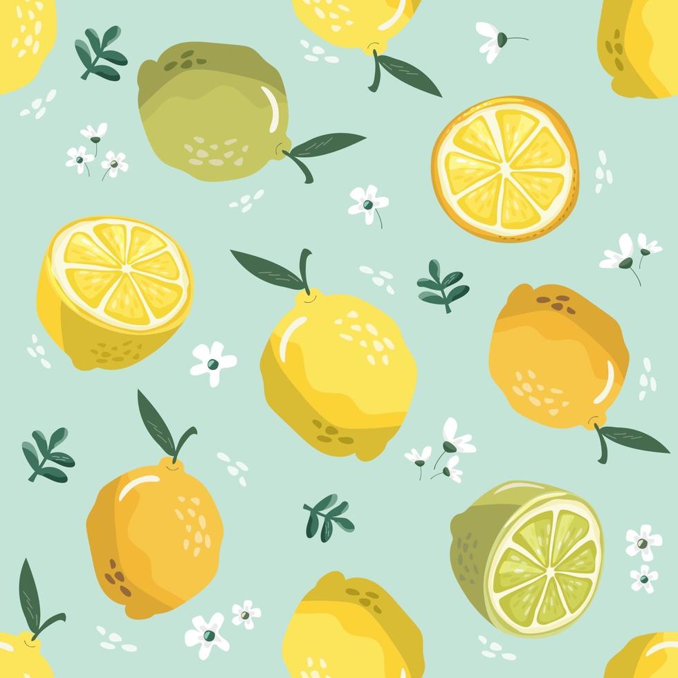 Summer seamless pattern with lemons and blossom. Sweet tropical background. Vector