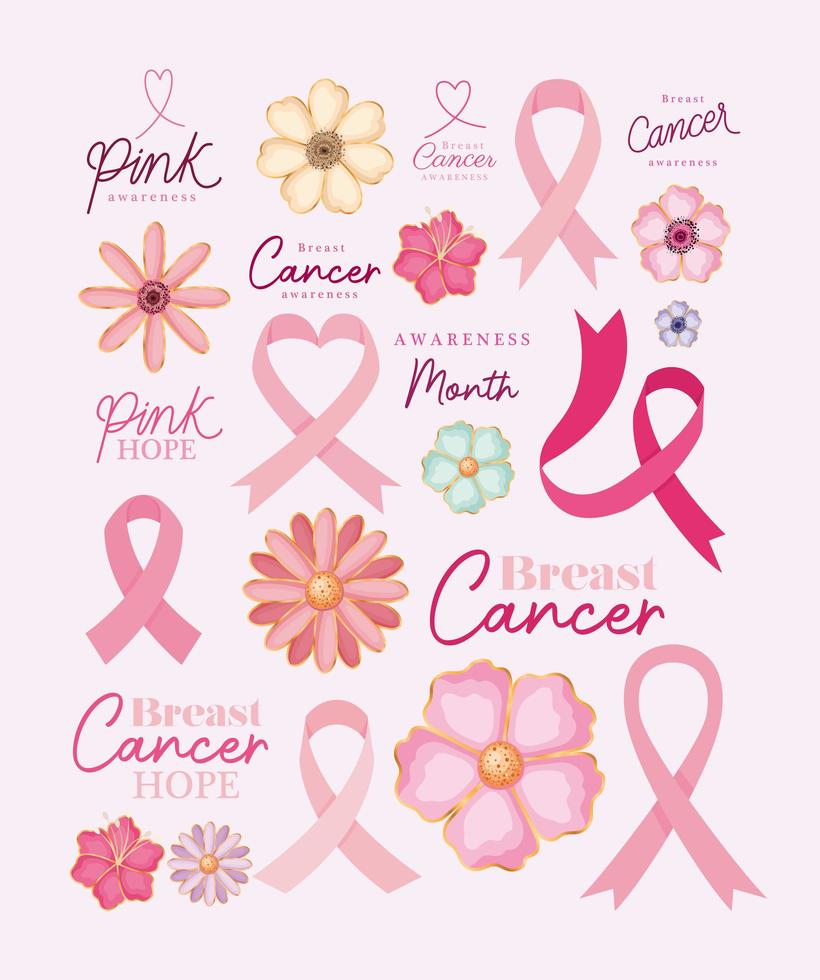 conjunto de iconos para la conciencia del cáncer de mama y el diseño de vectores de esperanza rosa