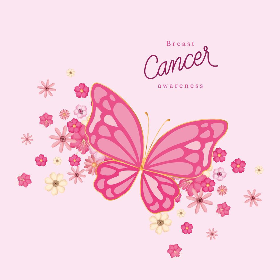 Mariposa rosa con flores para el diseño de vectores de conciencia de cáncer de mama