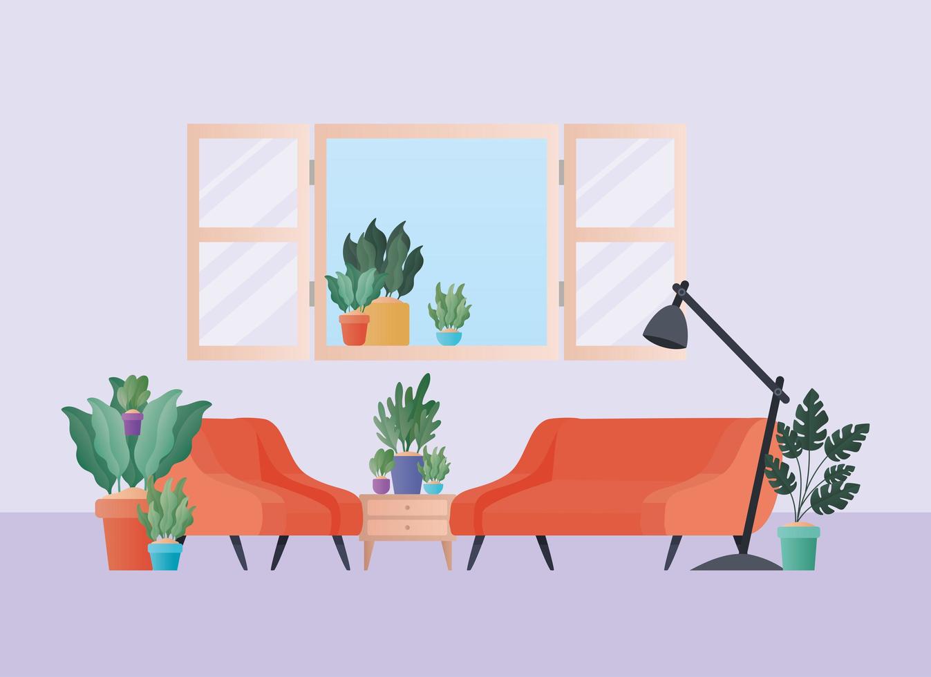 Sofá y sillón naranja con plantas en el diseño del vector de la sala de estar