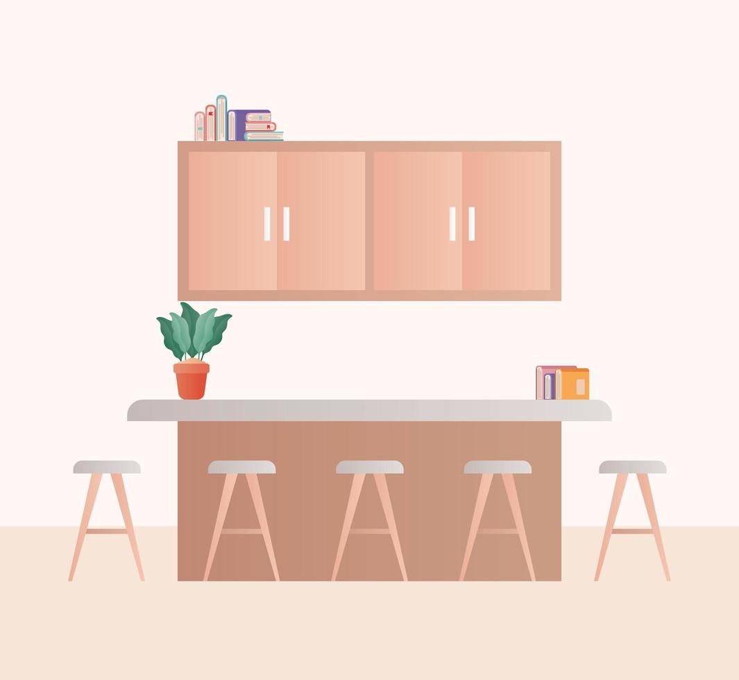sala de cocina con sillas, planta y libros, vector, diseño vector