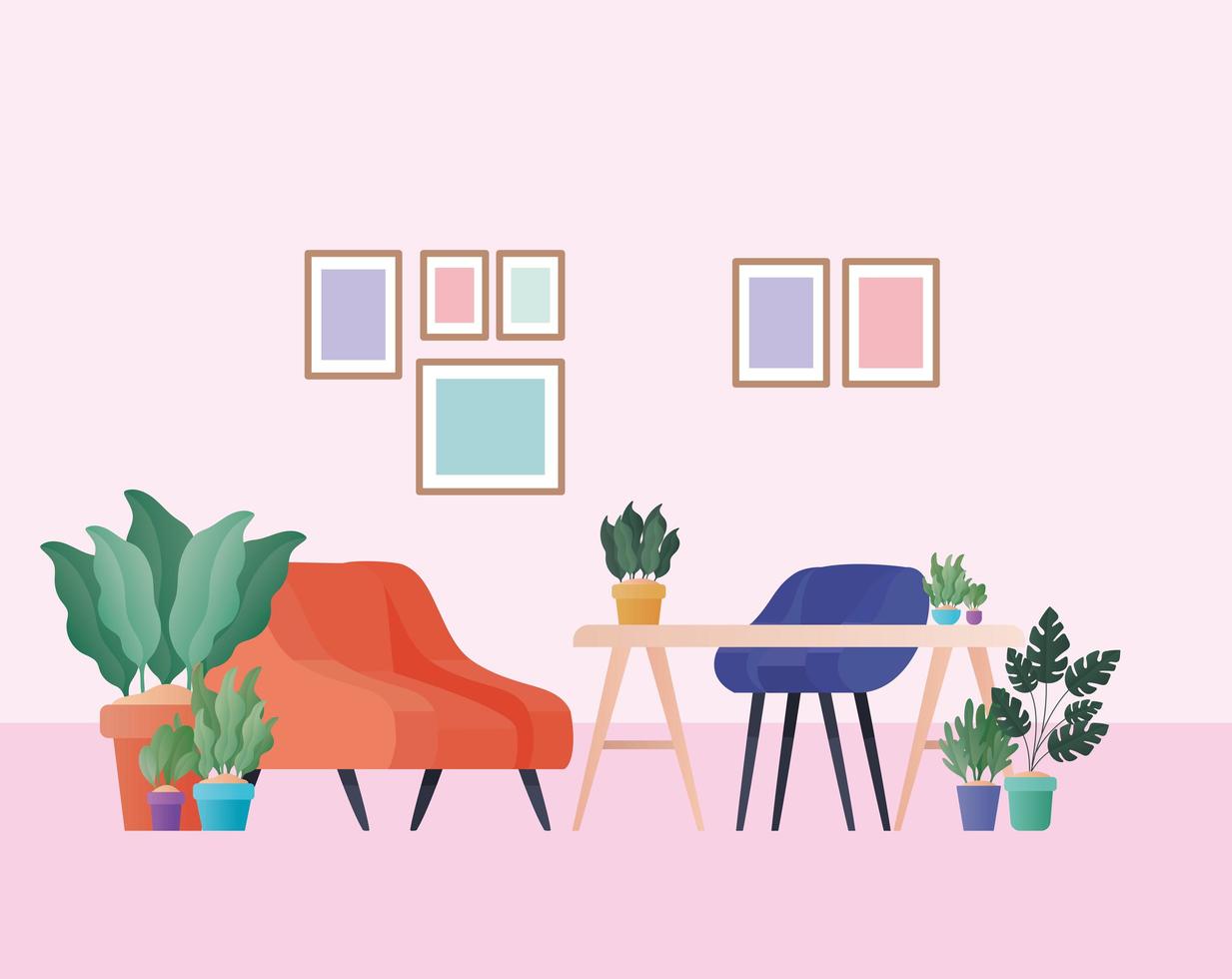 Sillón naranja y escritorio con plantas en diseño vectorial de sala de estar vector