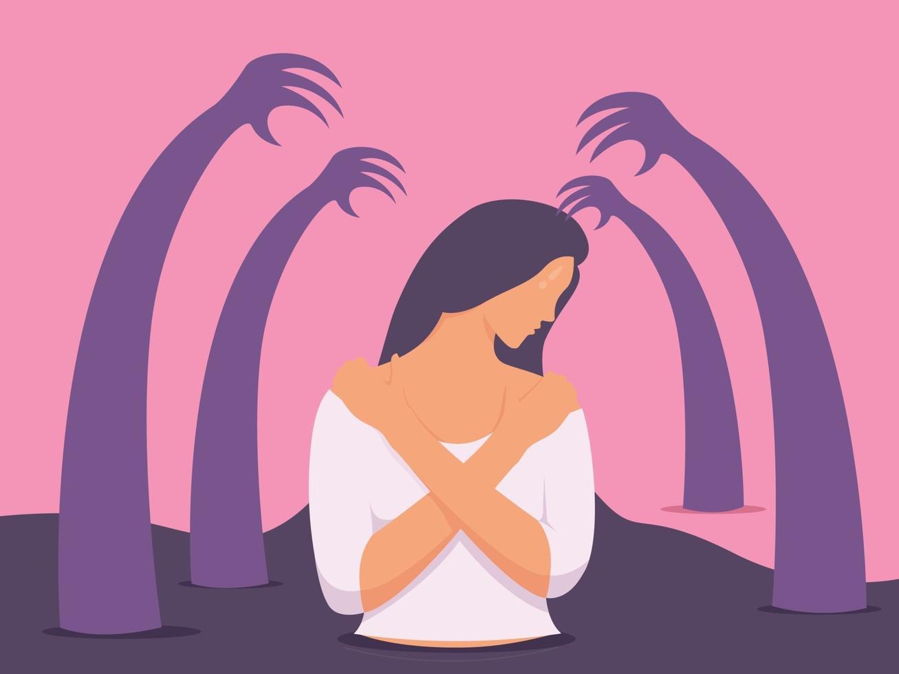 Sad unhappy young woman surrounded by hands with guilt. Depressed woman covers her body with her hands. vector