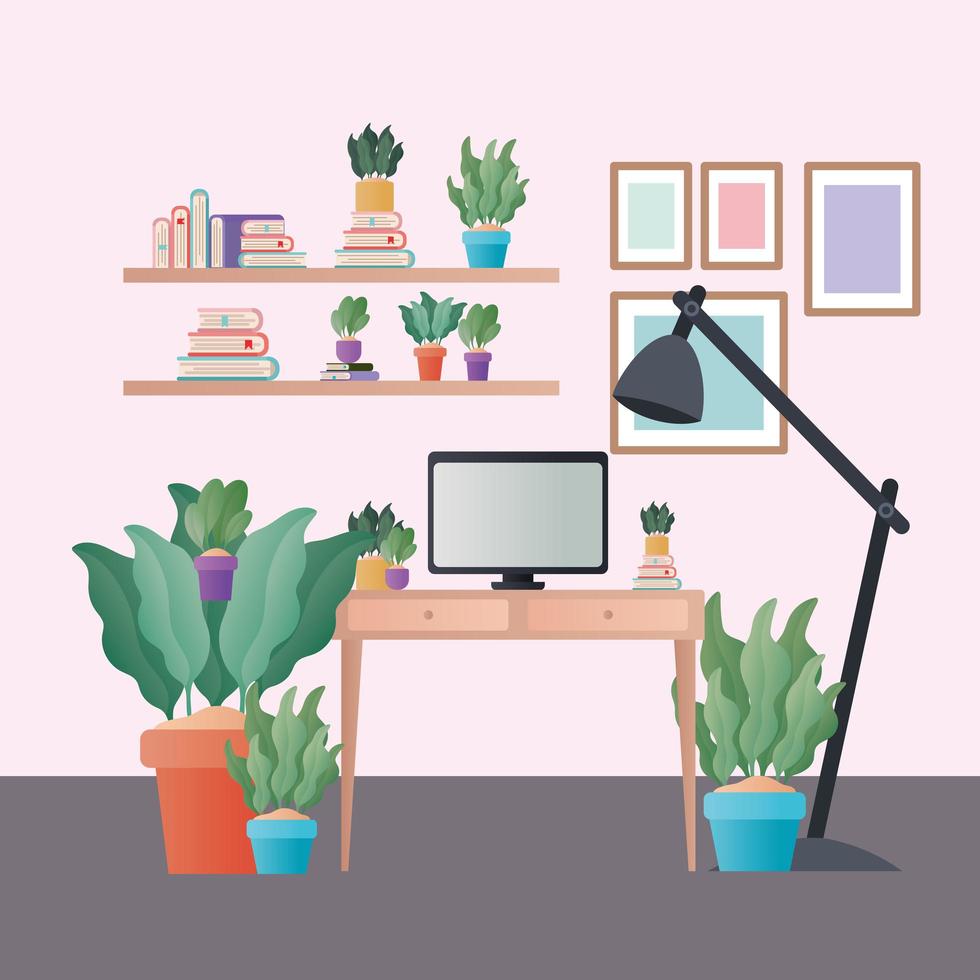 Escritorio con lámpara de computadora y plantas en diseño vectorial de habitación vector