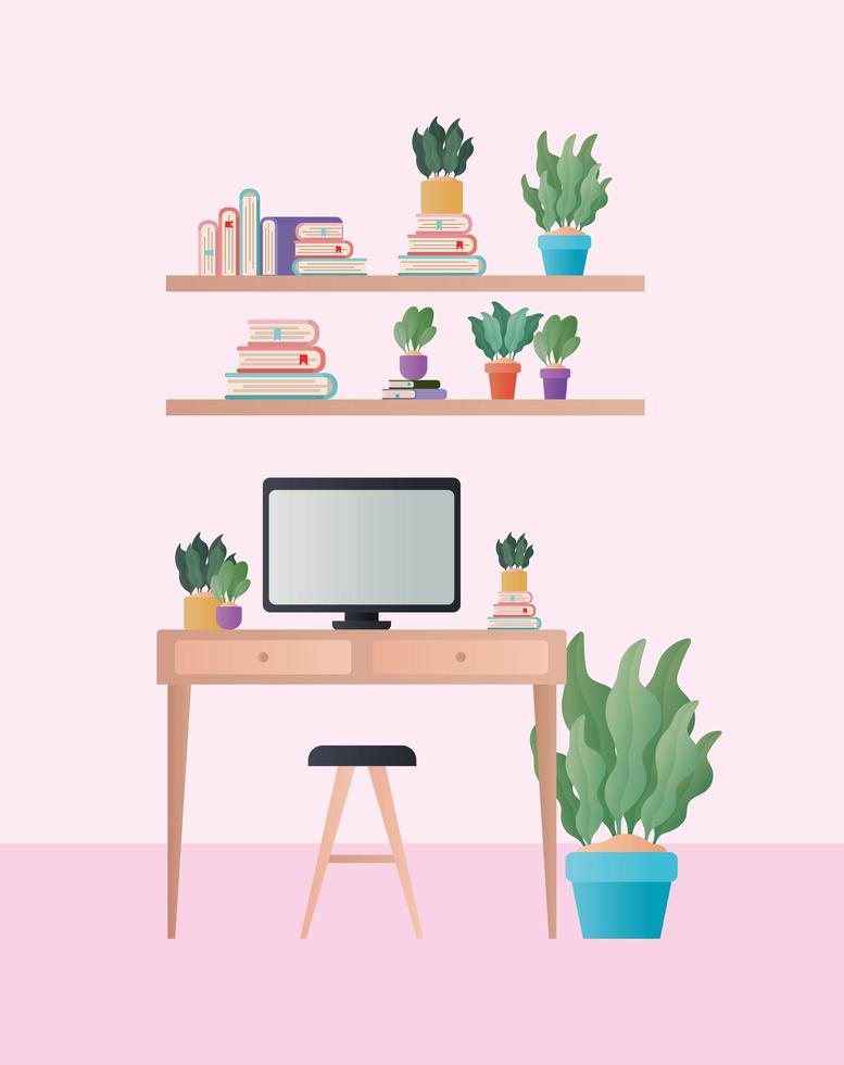 Escritorio con silla, computadora y plantas en diseño vectorial de habitación. vector