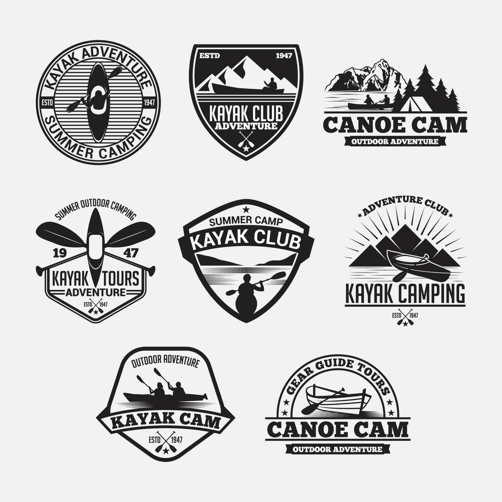 Conjunto de insignias y etiquetas de logotipos de canoa de kayak vector