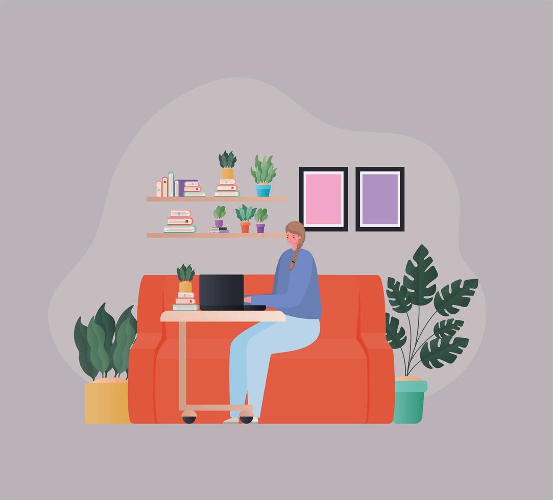 Woman with laptop working on orange couch vector design