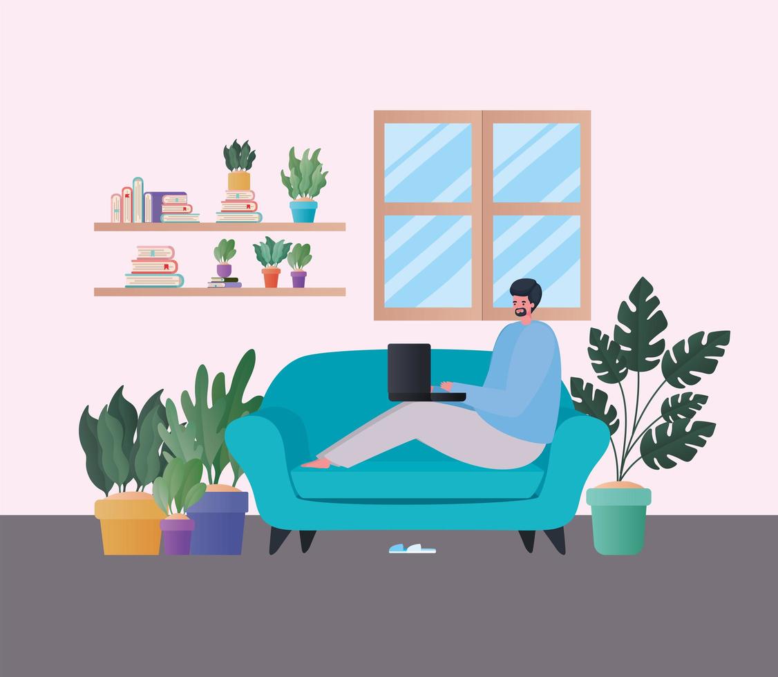 Man with laptop working on blue couch vector design