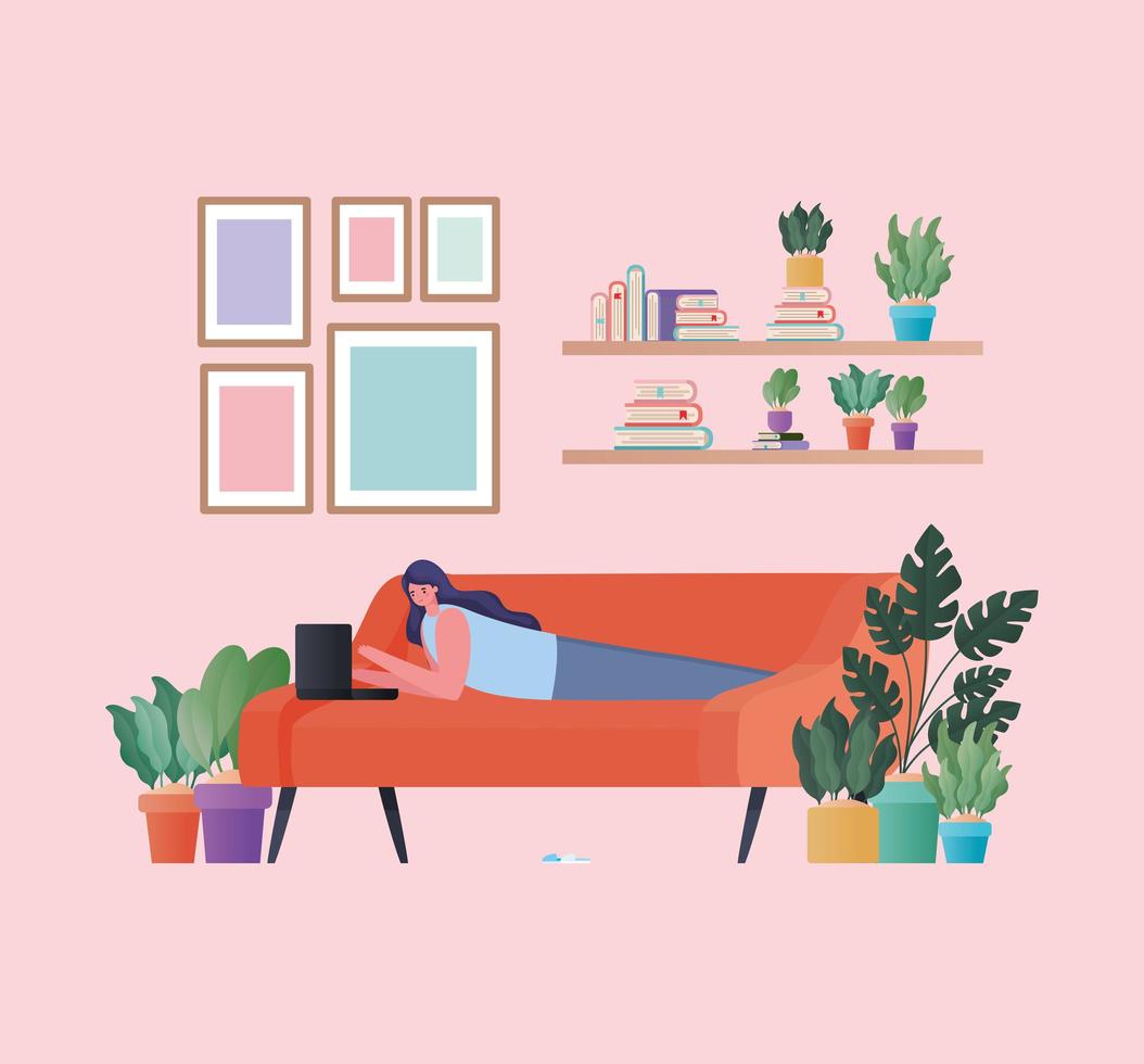 Woman with laptop working on orange couch vector design