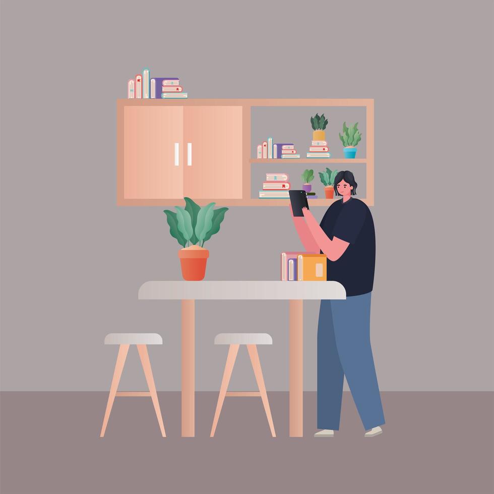 Woman with tablet working at the kitchen vector design