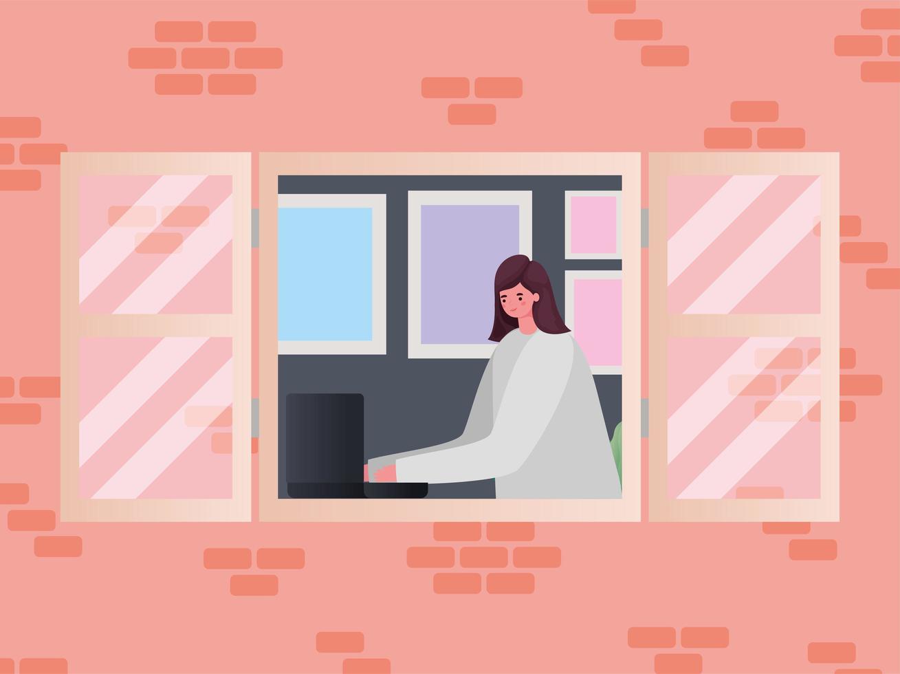 Woman with laptop working by window vector design