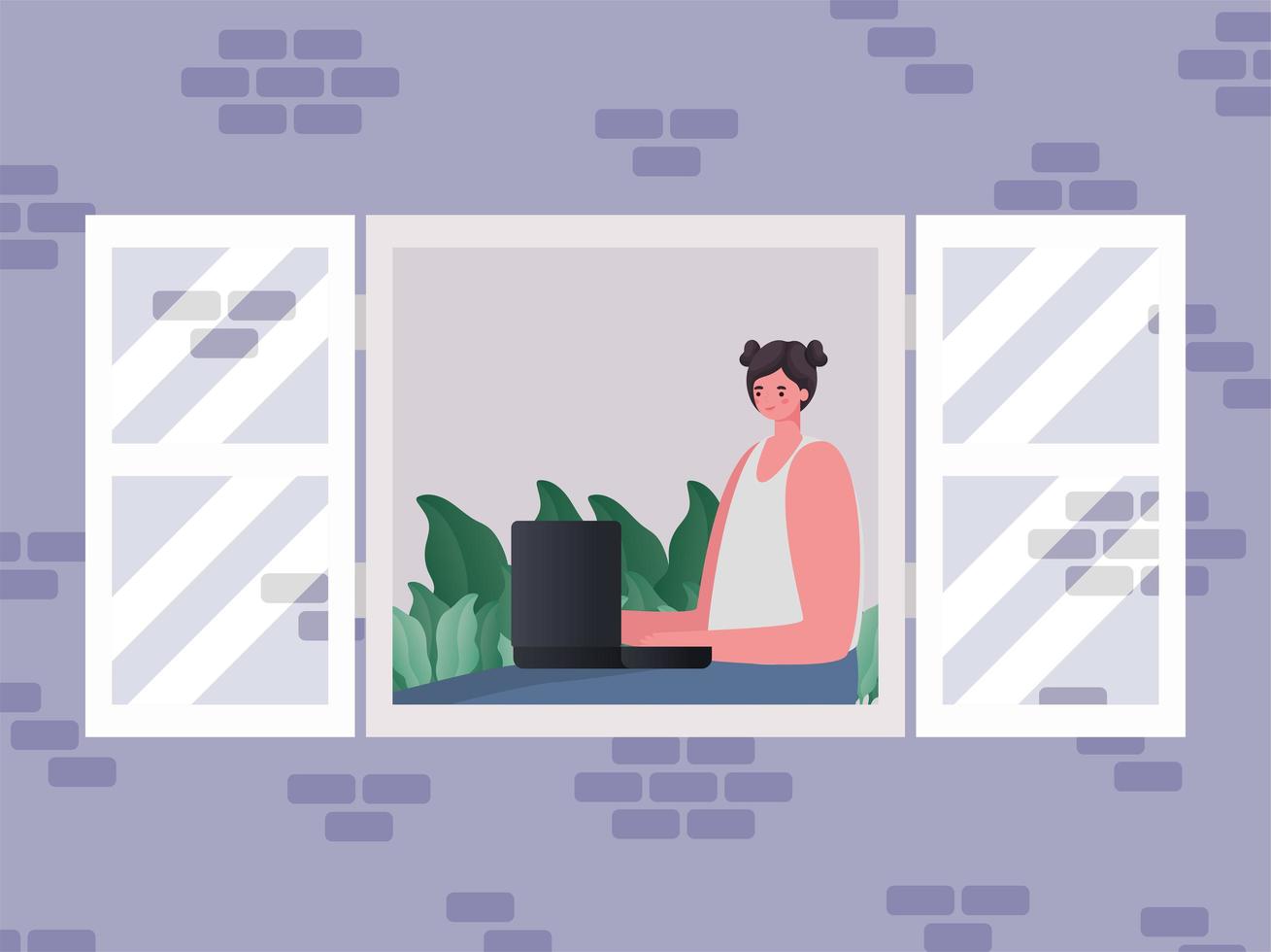 Woman with laptop working by window vector design