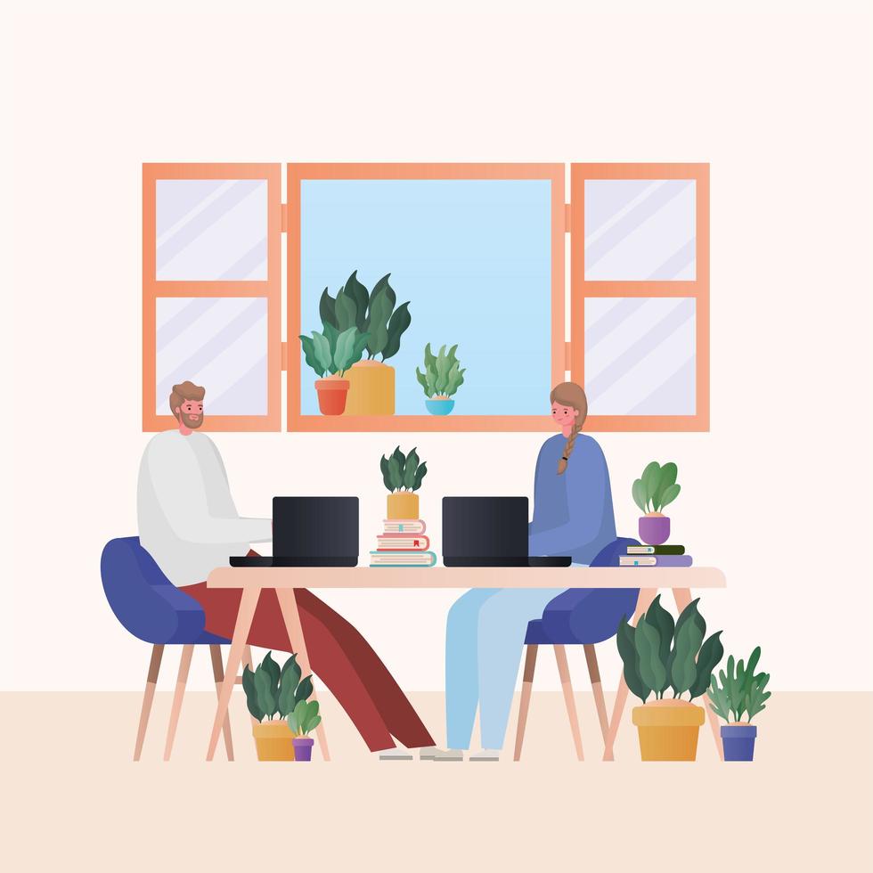 Man and woman with laptop working on the table vector design