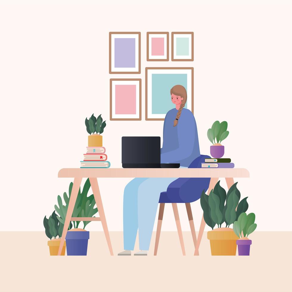 Woman with laptop working on the desk vector design