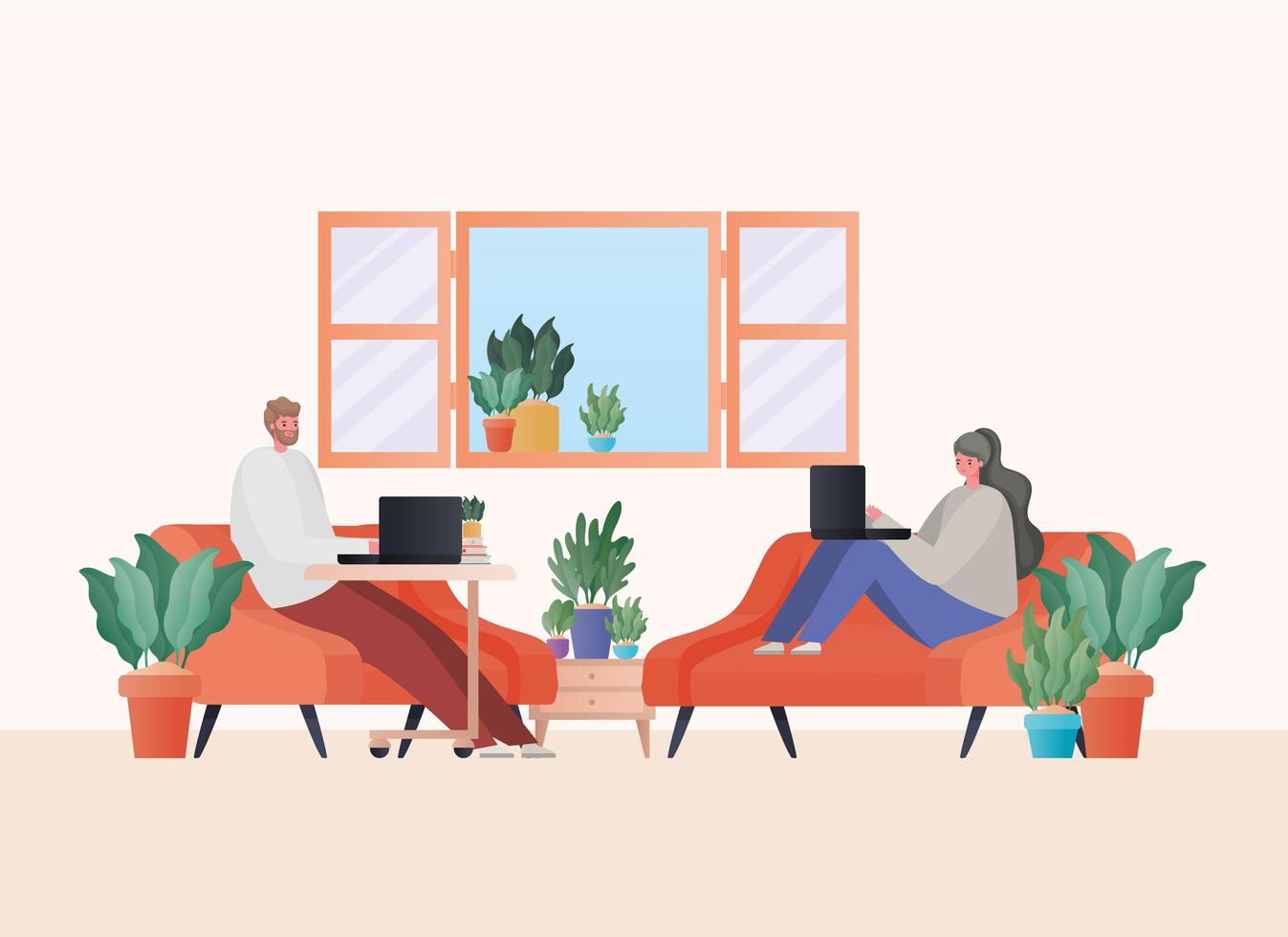 Man and woman with laptop working on orange couches vector design