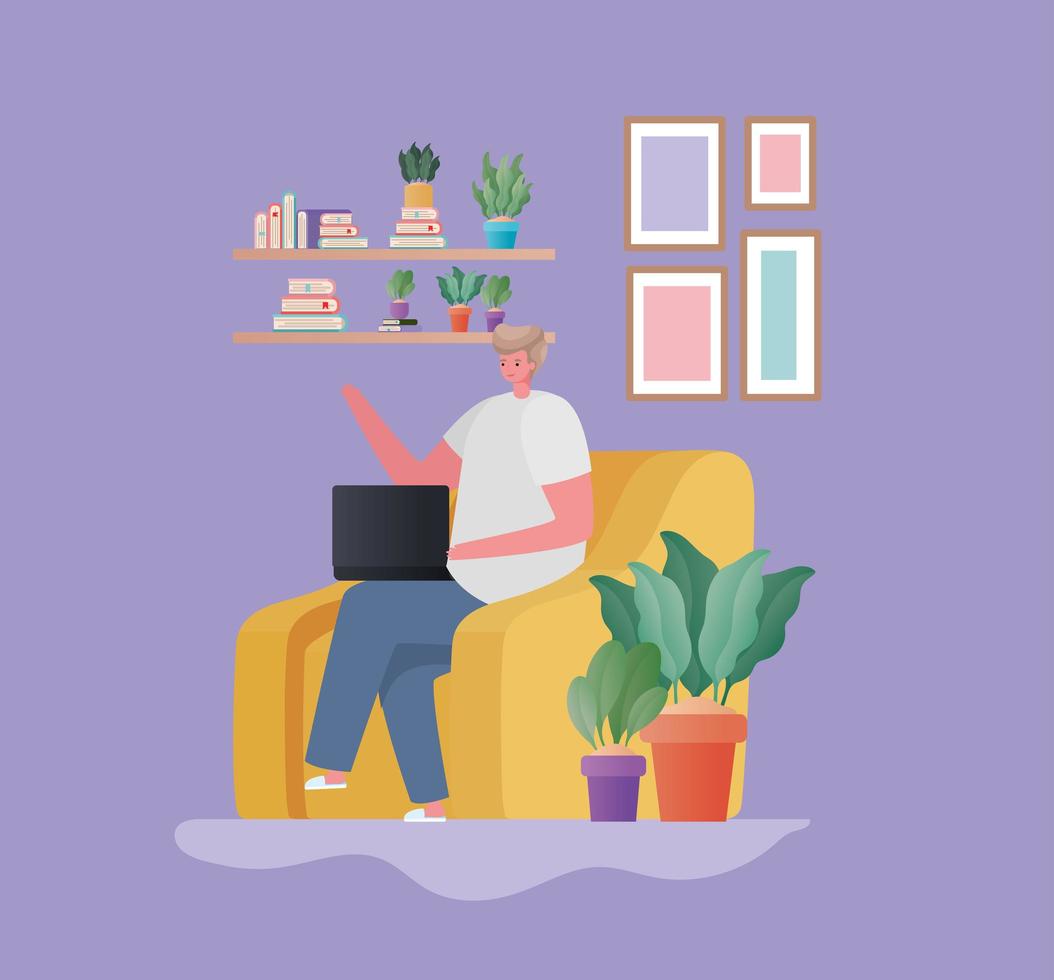 Man with laptop working on yellow chair vector design