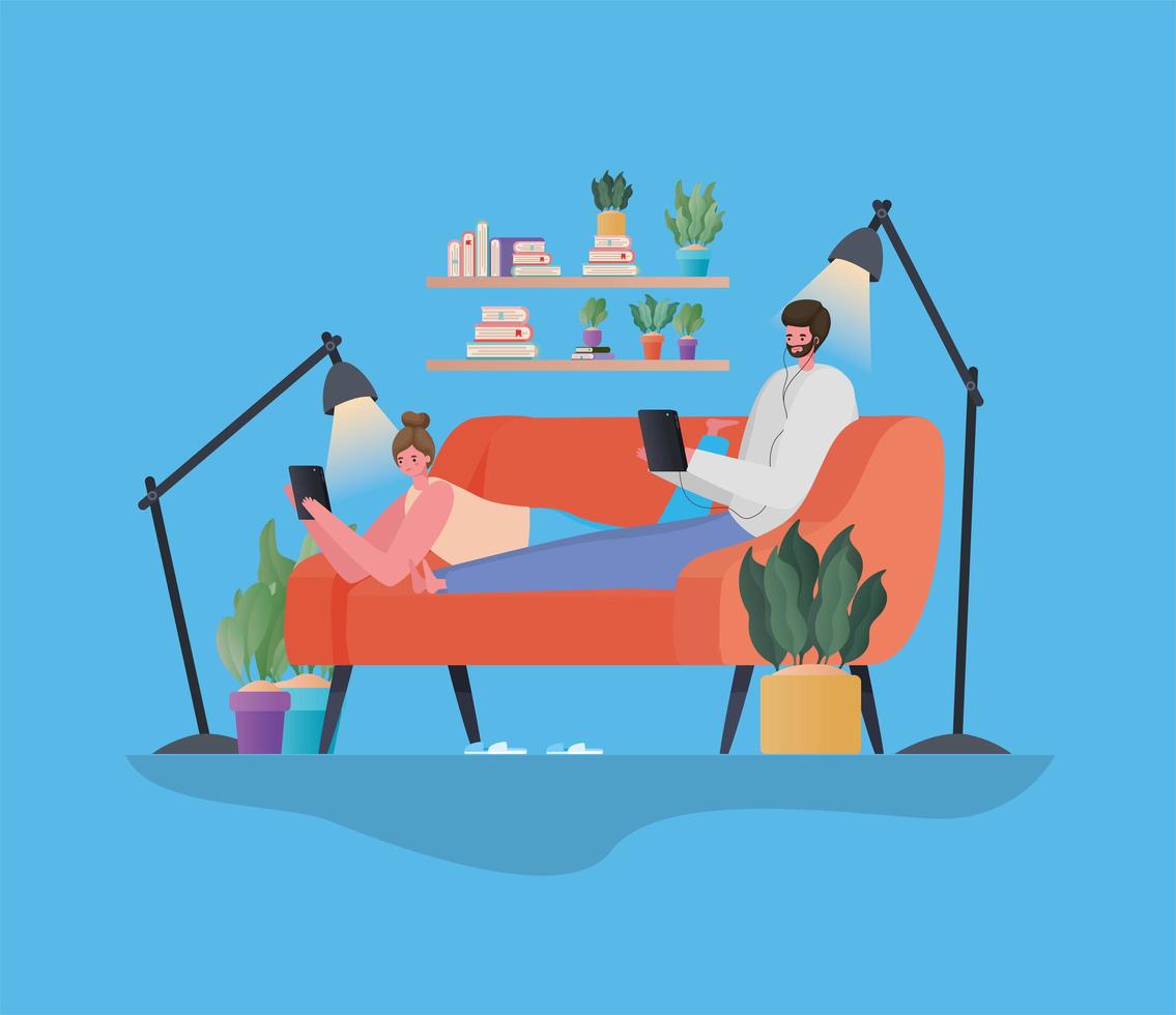 Man and woman with tablet working on a orange couch vector design