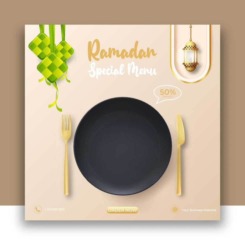 anuncios de banner de comida de Ramadán con placa negra realista. plantilla de publicación de redes sociales de Ramadán editable. vector