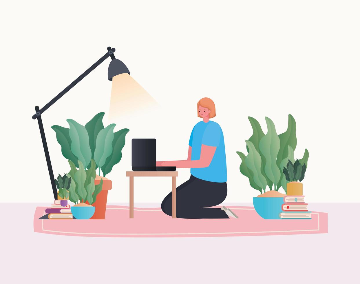 Woman with laptop working on the carpet with lamp vector design
