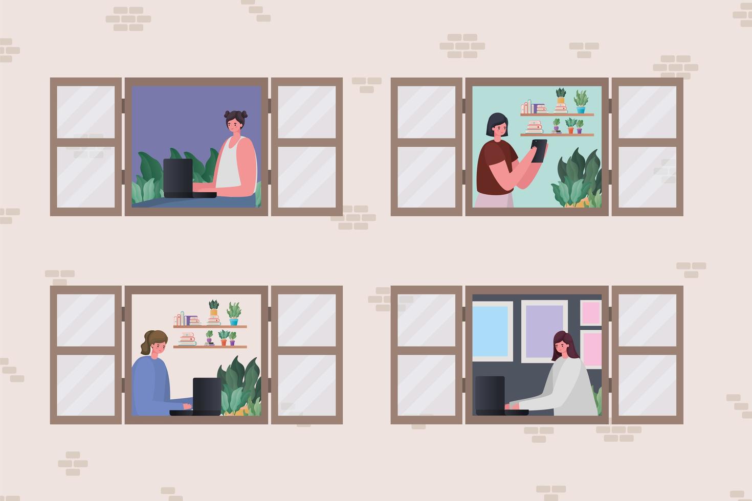 Set of women and men with laptop and tablet working by the window vector