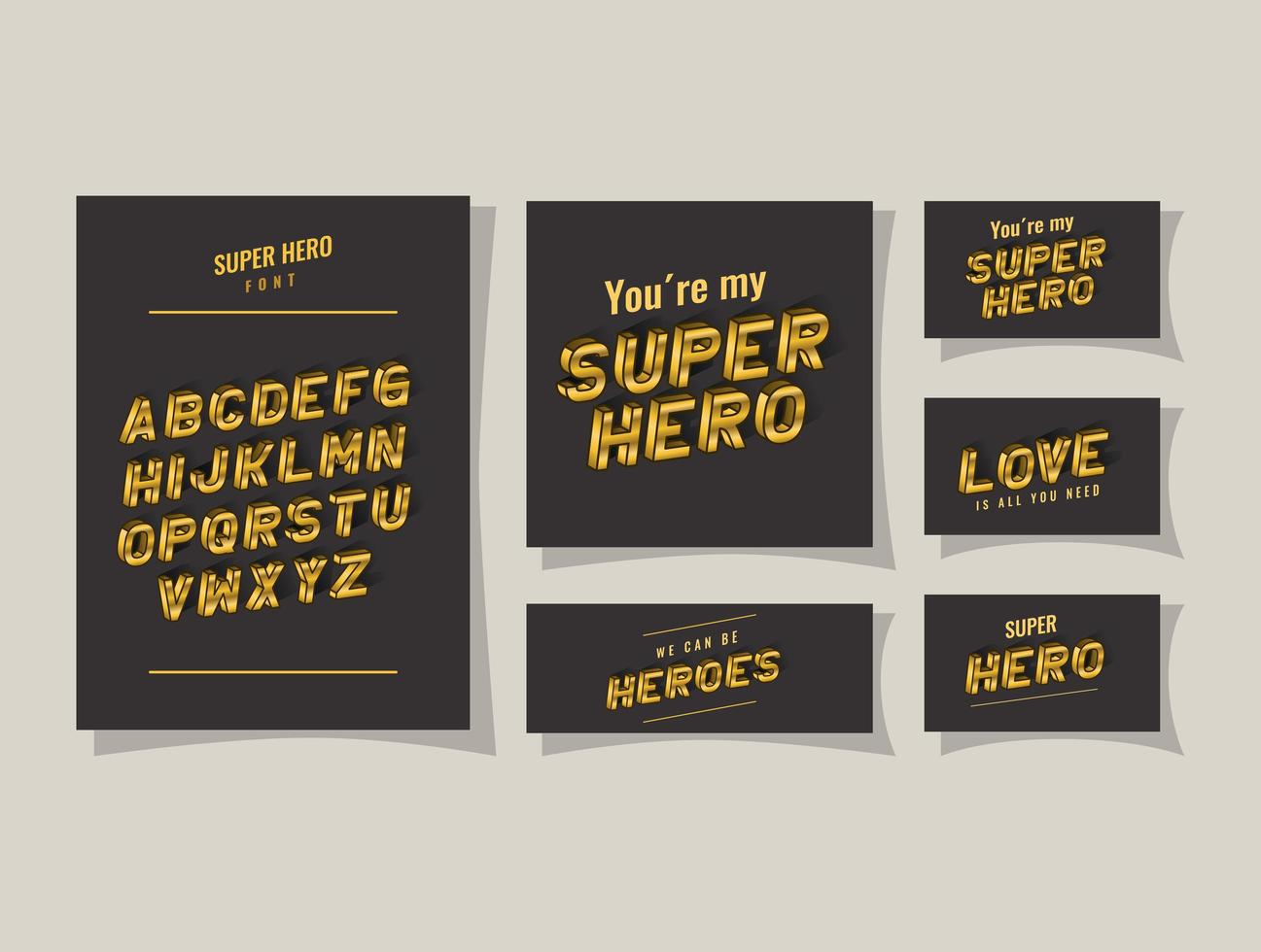 Letras de superhéroe 3D y alfabeto sobre fondos grises diseño vectorial vector