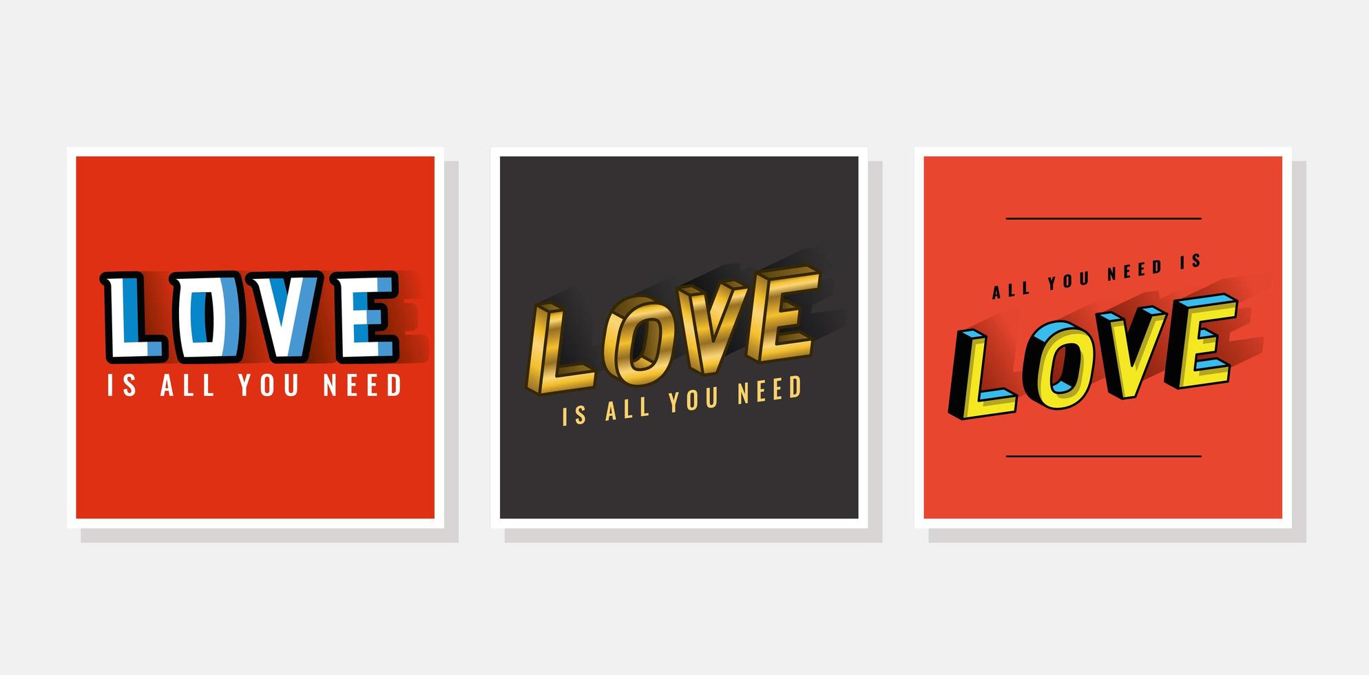 3d love lettering set on gray and red backgrounds vector design