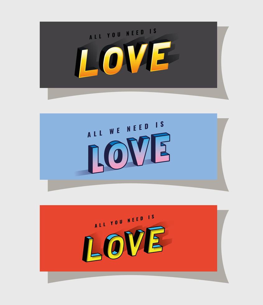 3d love lettering set on gray blue and red backgrounds vector design